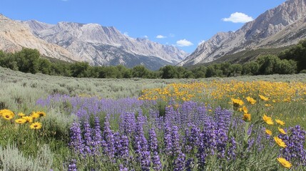 Fototapeta premium Colorful Wildflower Meadow with Mountain Views Under a Sunny Sky
