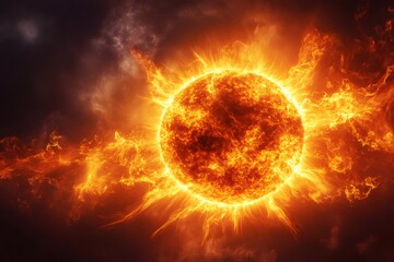 Fototapeta premium Burning sun emitting solar flares in space