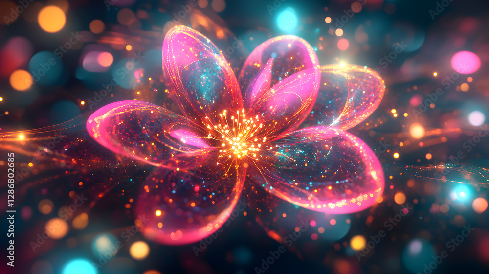 Poster flower illuminated by colorful lights with blurred bokeh background creating a vibrant artistic effe