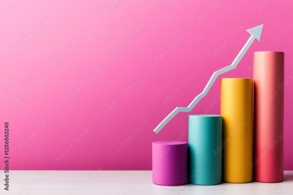 Poster growing bar graph and upward arrow symbolizing increasing business success on pink background