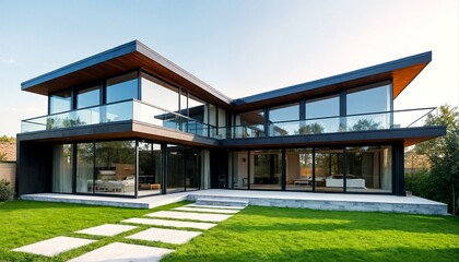 modern house with glass walls and large windows on a green lawn.