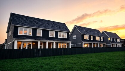 Obraz premium A two-story house with a black exterior and white trim stands against a backdrop of grassy terrain under an orange sky.