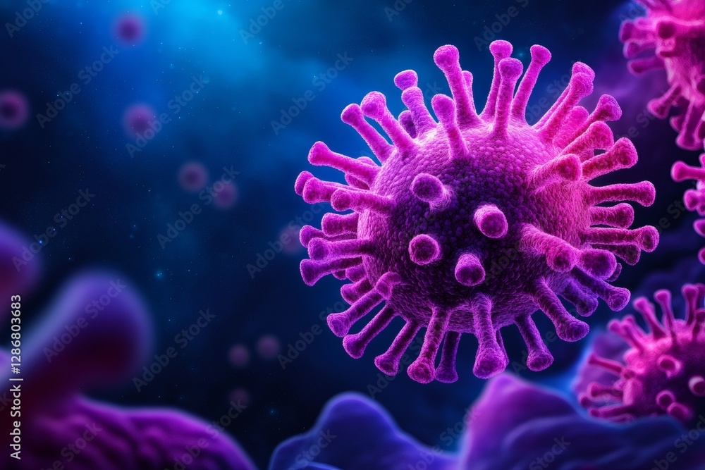 Poster microscopic view of coronavirus cells floating in a dark blue environment