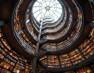 Obraz premium A tower library with a glass ceiling and spiral bookshelves.