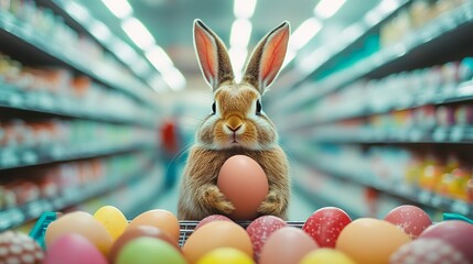 Hoppy Easter Shopping! Adorable Easter Bunny selects colorful eggs at the supermarket. A fun, whimsical illustration perfect for Easter cards,        