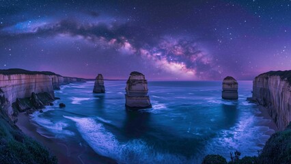 Towering eroded cliffs along remote coastlines silhouetted against a luminous starry sky, with the Milky Way arching overhead, crashing waves below, landscape background
