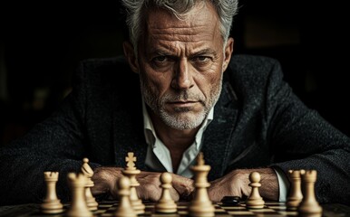 A chess-playing businessman is absorbed in contemplation as he devises a strategy for his upcoming move, embodying profound decision-making