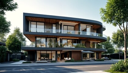 Obraz premium A modern two-story house with large windows and a flat roof, featuring a contemporary design style.