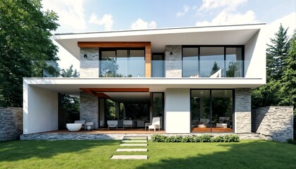 Fototapeta premium modern house with large glass windows and balcony.