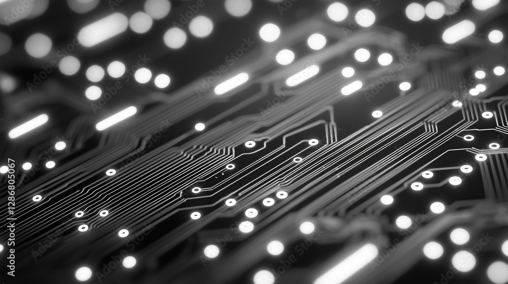 Aufkleber Macro photograph showcases lines and illuminated points on circuit board technology and design