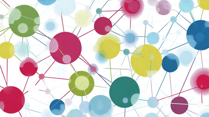 Abstract illustration of interconnected circles and nodes in vibrant colors, representing molecular or data networks, copy space