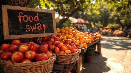 Fruit swap, park market, sunny day
