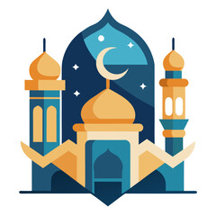 Ramadan Kareem banner, poster, greeting card, cover design with mosque, crescent moon, stars and typography in flat geometric style. vector illustation