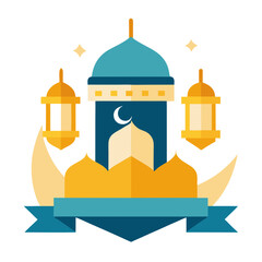 Ramadan Kareem banner, poster, greeting card, cover design with mosque, crescent moon, stars and typography in flat geometric style. vector illustation