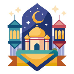 Fototapeta premium Ramadan Kareem banner, poster, greeting card, cover design with mosque, crescent moon, stars and typography in flat geometric style. vector illustation