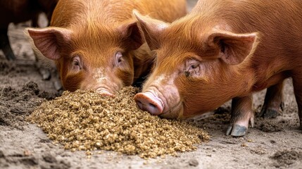 Close-up of pigs on a farm munching on organic feed, showing texture and nutritional quality.