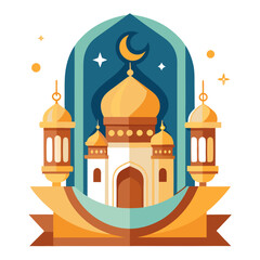 Ramadan Kareem banner, poster, greeting card, cover design with mosque, crescent moon, stars and typography in flat geometric style. vector illustation