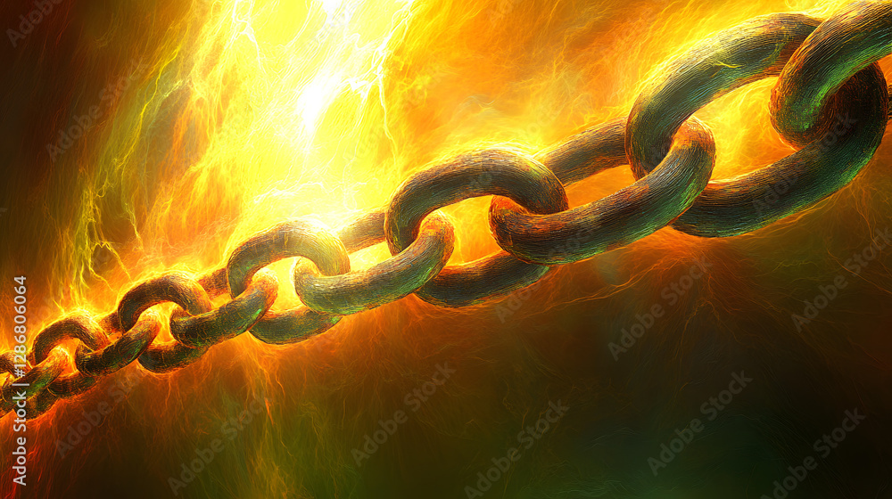 Poster artistic representation of a chain featuring fire and tulip elements in a vibrant and colorful desig