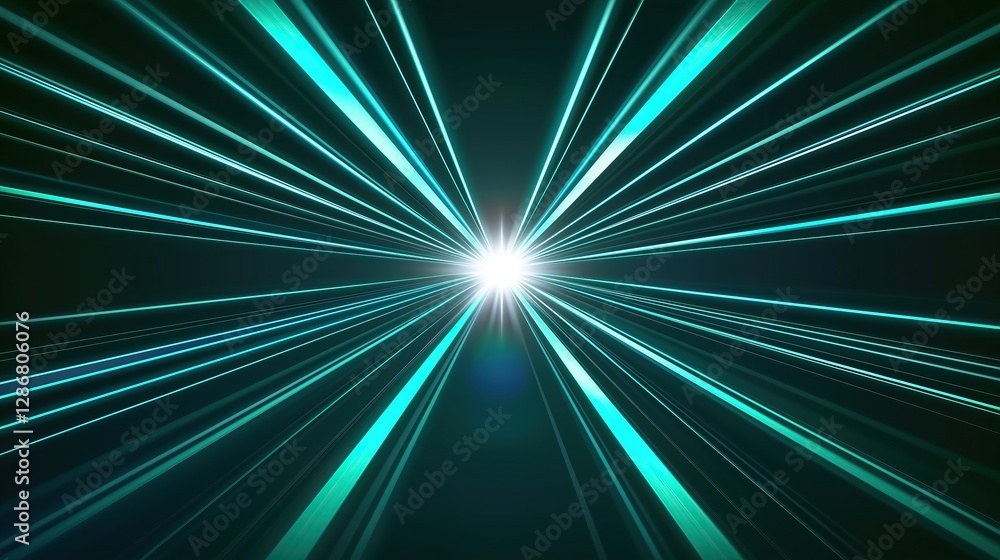 Poster dynamic perspective of teal light beams converging towards central point radiating energy and forwar