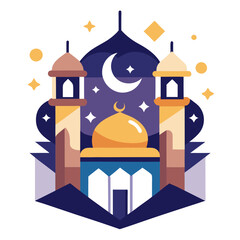 Ramadan Kareem banner, poster, greeting card, cover design with mosque, crescent moon, stars and typography in flat geometric style. vector illustation