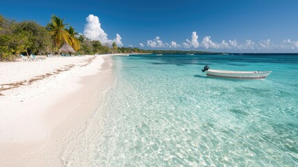 Fototapeta premium Tropical beach boat calm turquoise water sunny day relaxation