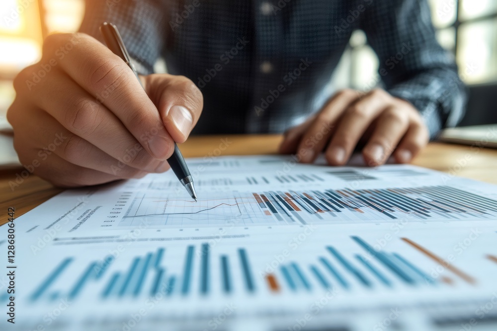Poster Businessman analyzing financial charts and graphs using pen in office setting
