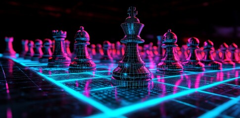 Innovation planning and planning ideas are integral to the concept of strategy, which can be illustrated by a chess competition with futuristic graphic icons, a gold chess board game, and a black
