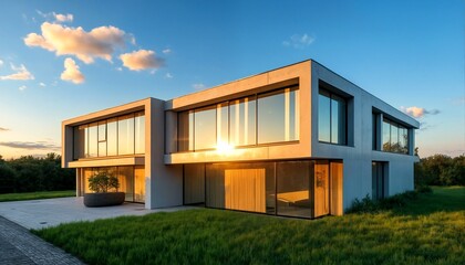 A large two-story house with a modern minimalist design, featuring floor-to-ceiling windows on both sides and a flat roof, situated in an open grassy area.