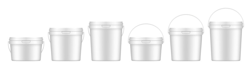 White plastic buckets with handle and lid. Vector mockup of a food or building mixtures packaging. A bucket of paint or putty. Small, medium and large sizes