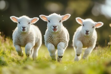 Obraz premium Three lambs running on green grass in spring sunlight
