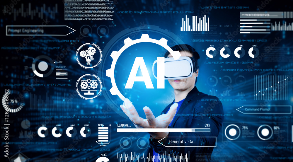Poster smart businessman wearing suit and vr goggle while using ai assistance planning plan. project manage
