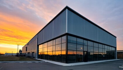 Obraz premium Commercial building with large windows and sunset sky behind it.