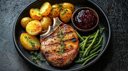 Grilled Pork Chop, Roasted Potatoes, and Green Beans