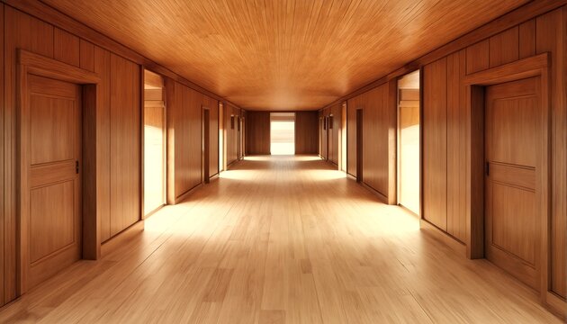 A long wooden hallway with multiple doors and windows leading out to bright light.