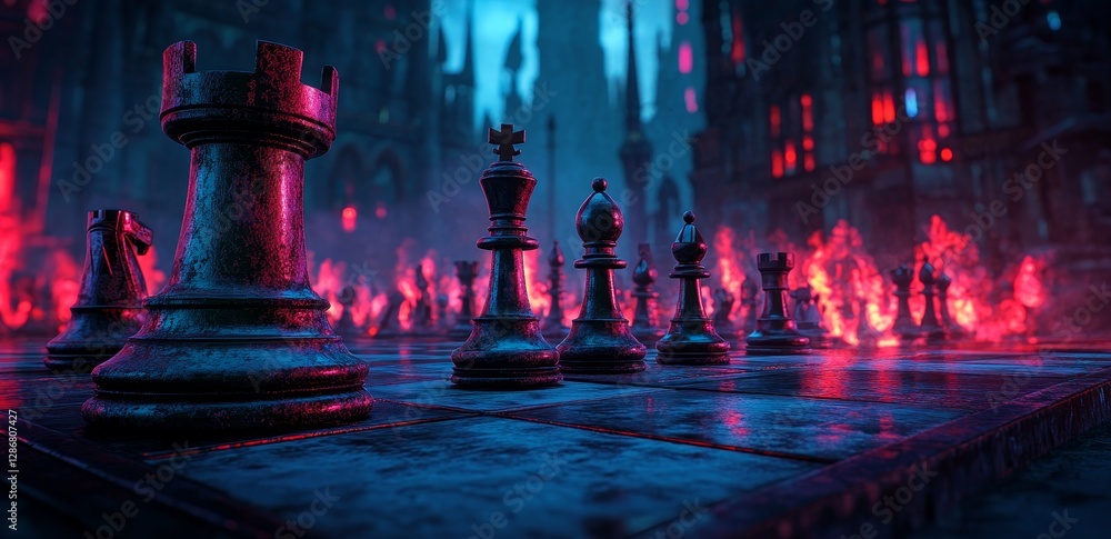 Poster a chess board with multiple chess pieces and a fire effect set against a black backdrop