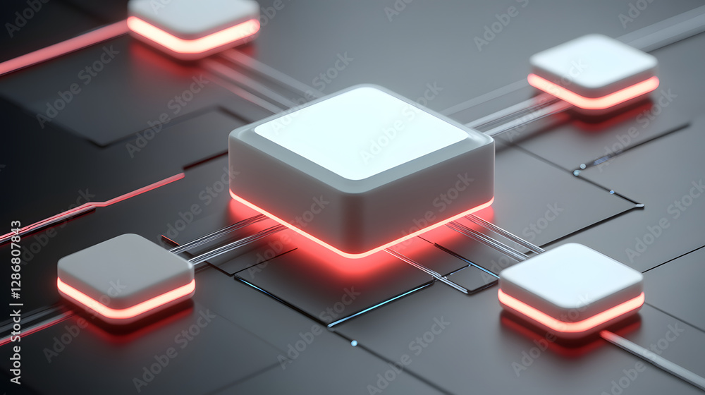Poster white cube illuminated with red lights on a dark background creating an artistic visual effect
