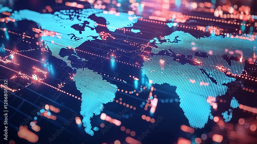 Poster World map in glowing blue and orange global connections and data networks Futuristic design