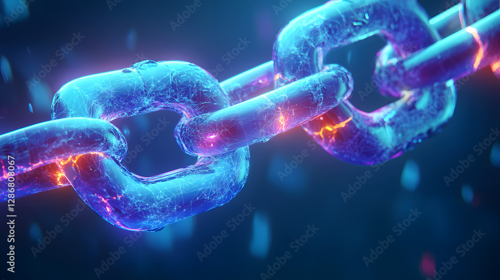 Poster abstract representation of a glowing chain link intertwined with vibrant colors and shapes