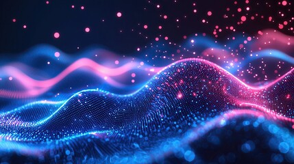 Abstract landscape of glowing particles in dynamic waves featuring vibrant neon blue and pink lights