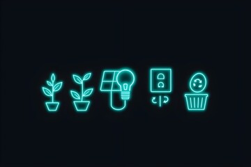 Neon art illustration sustainable living with glowing recycling and eco-friendly symbols. Ideal for promoting green energy, zero-waste lifestyle, renewable resources, environmental awareness