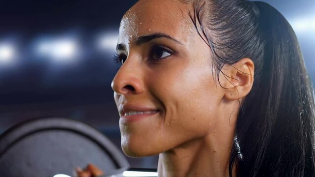 Female weightlifter in sports gym lifting barbell with focus and determination

