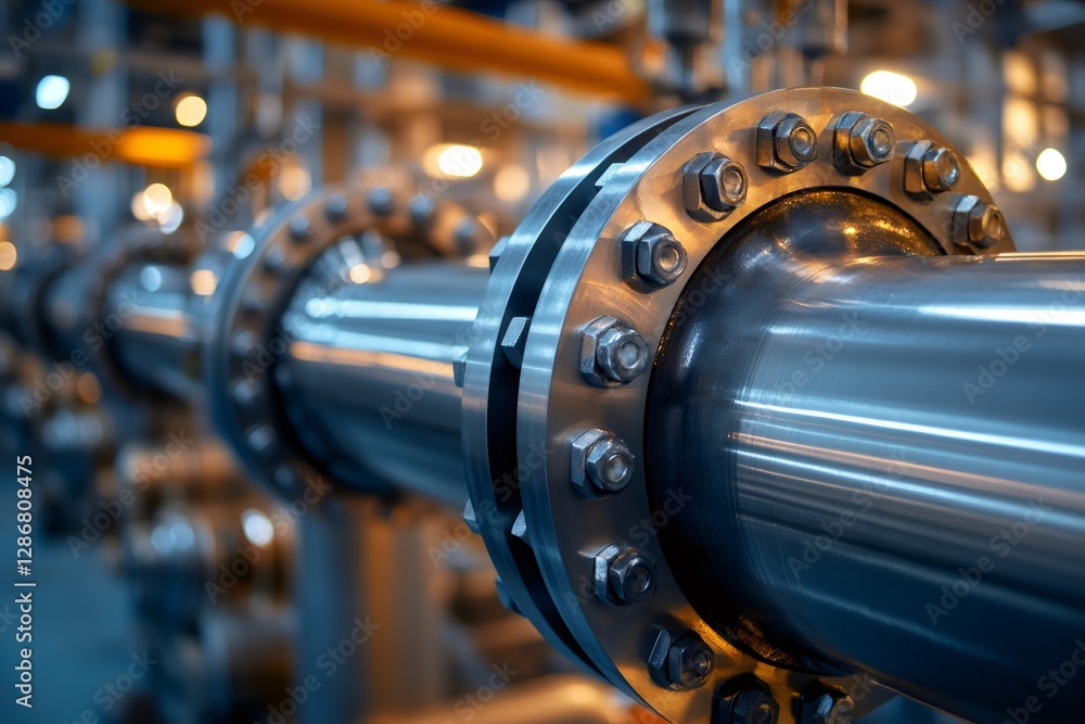 Poster industrial pipeline system with flange connection securing pipes in modern factory