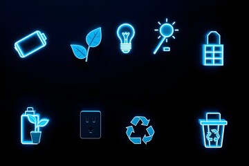 Neon eco icons set on black background. Sustainable energy and recycling art 
