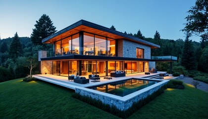 The house is situated on a hillside with a large glass wall and an outdoor patio.