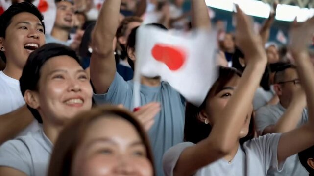 Fans celebrating and waving Japan flag at a sports event
