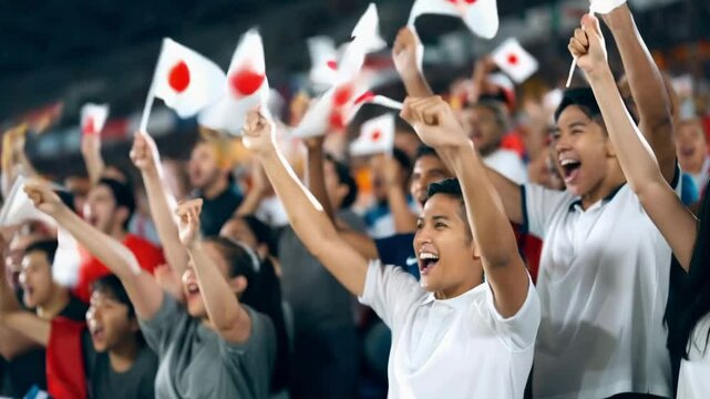 Excited fans cheering and waving Japan flags at a sports event

