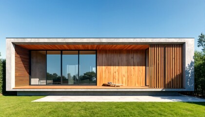 Obraz premium Modern House with Slatted Wood Paneling and Concrete Exterior.