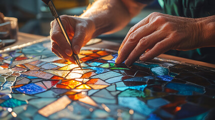 Craftsman assembling stained glass with vibrant colors, intricate patterns, skilled artistry, creative workspace, copy space