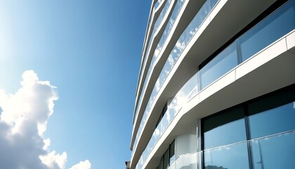 The photo depicts a white building with glass balconies on multiple floors and large windows, set against a blue sky with clouds.