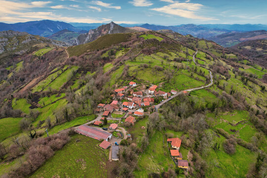 Aerial view of Dolia village, Belmonte de Miranda council, Asturias, Spain